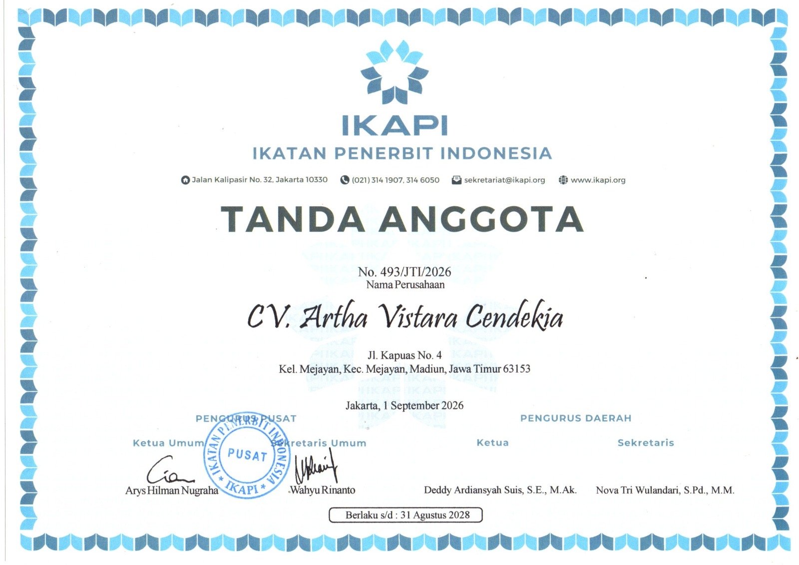 Cuplikan bagian identitas tanda anggota IKAPI CV Artha Vistara Cendekia nomor 493/JTI/2026